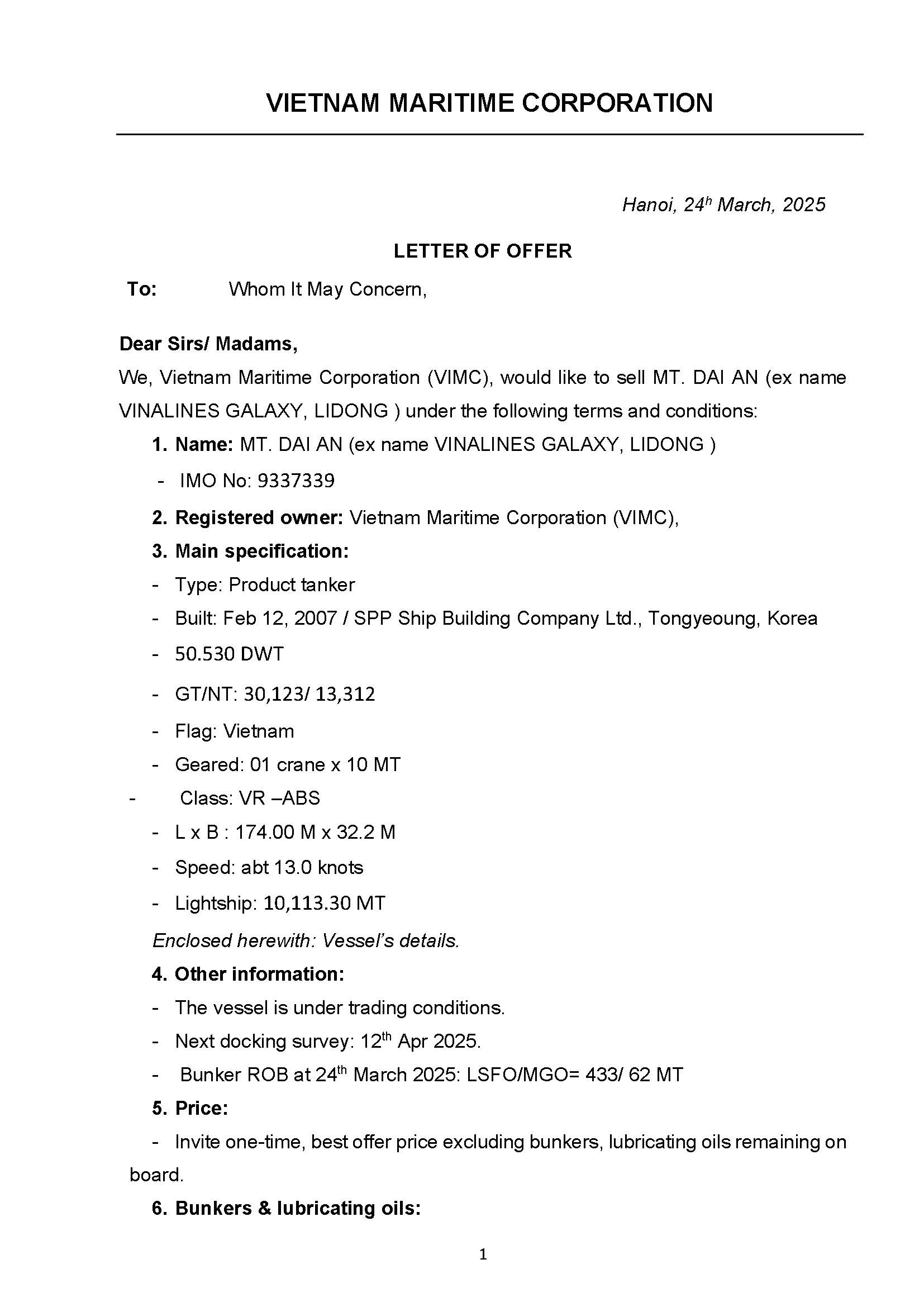Letter of offer (Dai An)